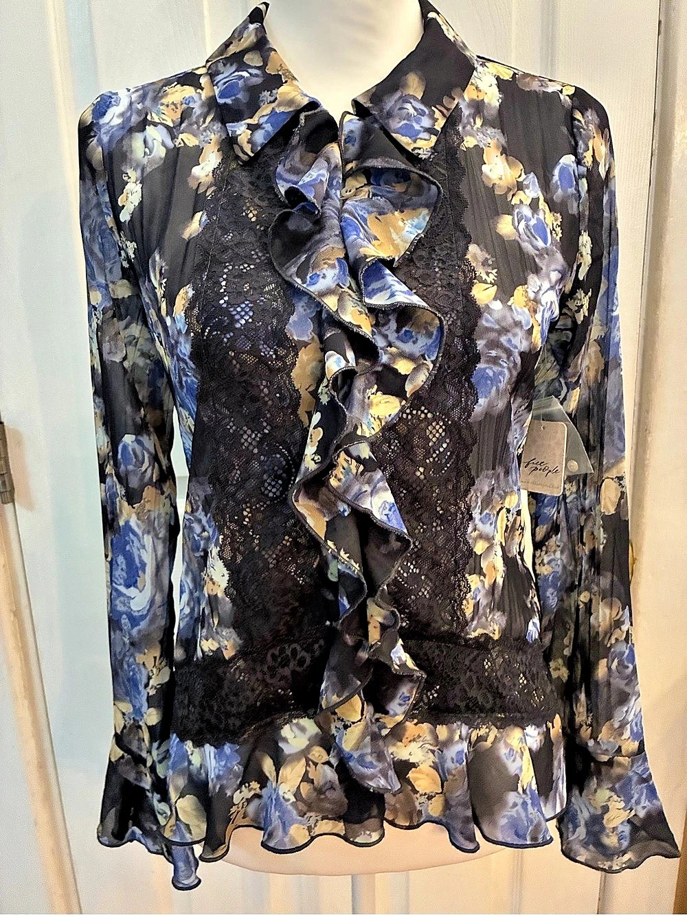 NWT Free People Bad At Love Floral Ruffle Lace Blouse Denim Combo Boho XS